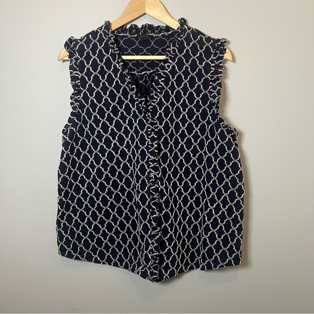 Ann Taylor Blue and White Ruffled Sleeveless Blouse
